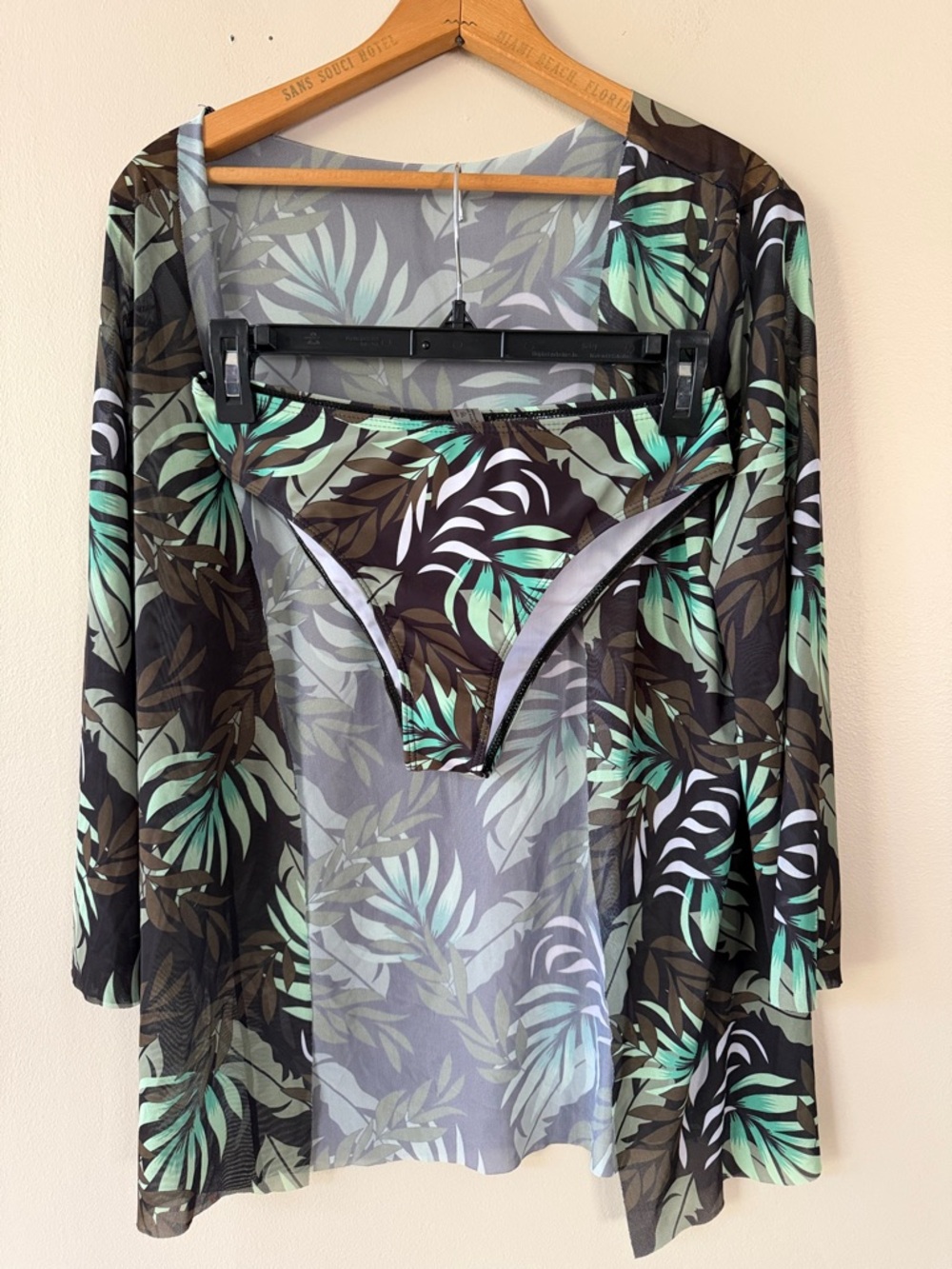Sheer Tropical Leaf Swim Cover-Up in Mint Green and Black with Bottoms!